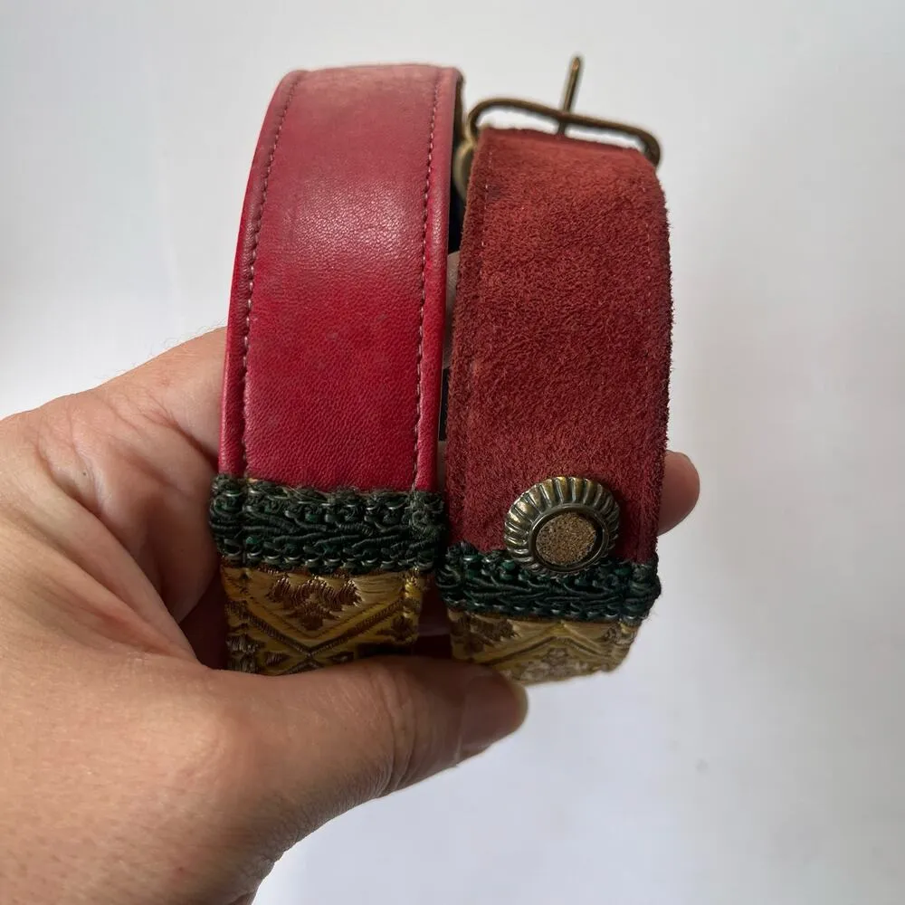 VINTAGE ALDEN HOWARD Patchwork Boho Womens Belt Sz M Burgundy Cherry Retro Green - Image 13