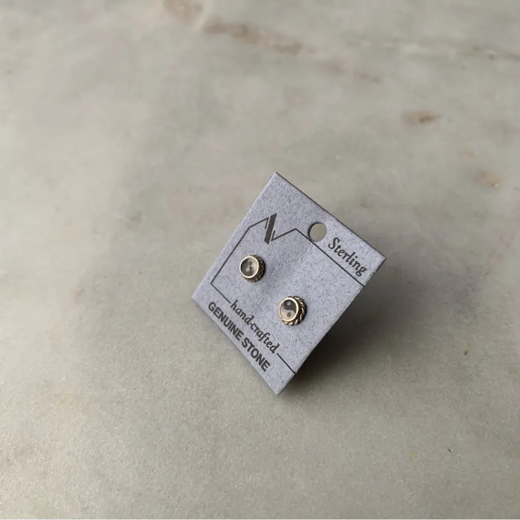 Sterling Silver Ying Yang Stud Earrings Hand Crafted Genuine Stone Dainty Black - Image 2