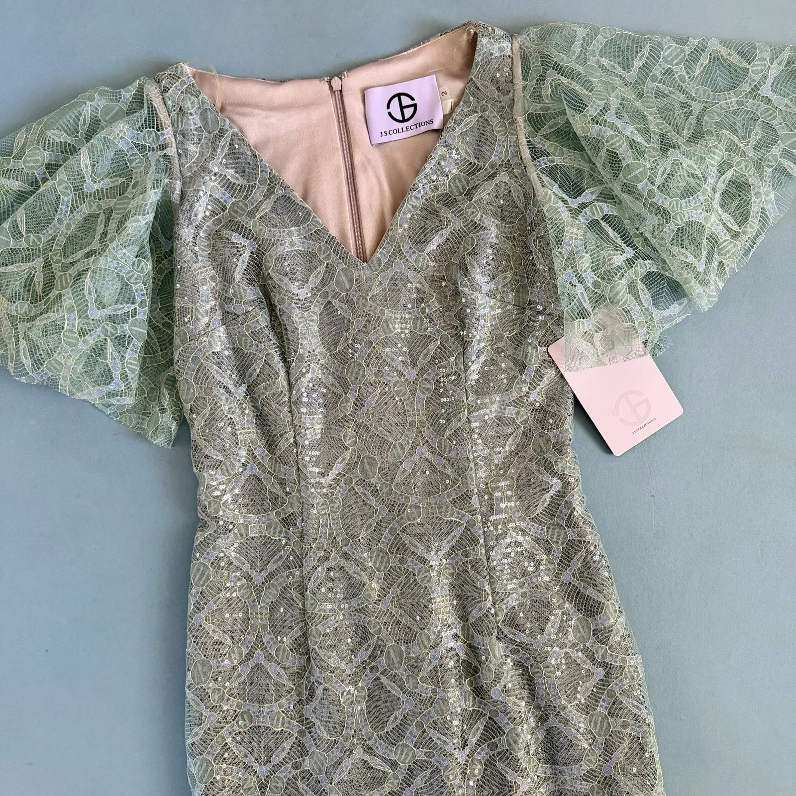 NWT JS Collections Sequin V-Neck Cape Gown Metallic Lace Light Blue Formal Dress - Image 5