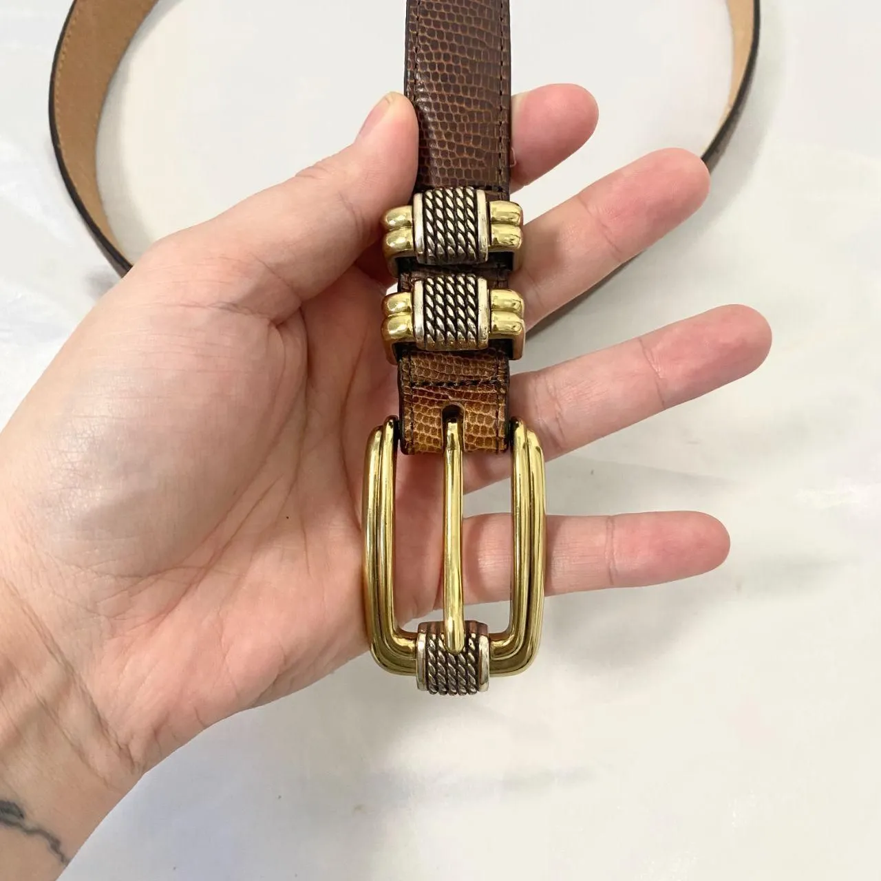 Brighton VTG Boho Western Brown Mixed Metal Gold Silver Leather Waist Belt M 30 - Image 2