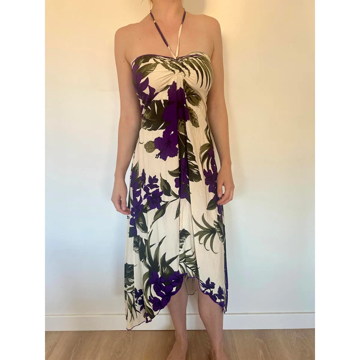 Purple and Cream Floral Halter Neck Midi Dress - Image 3