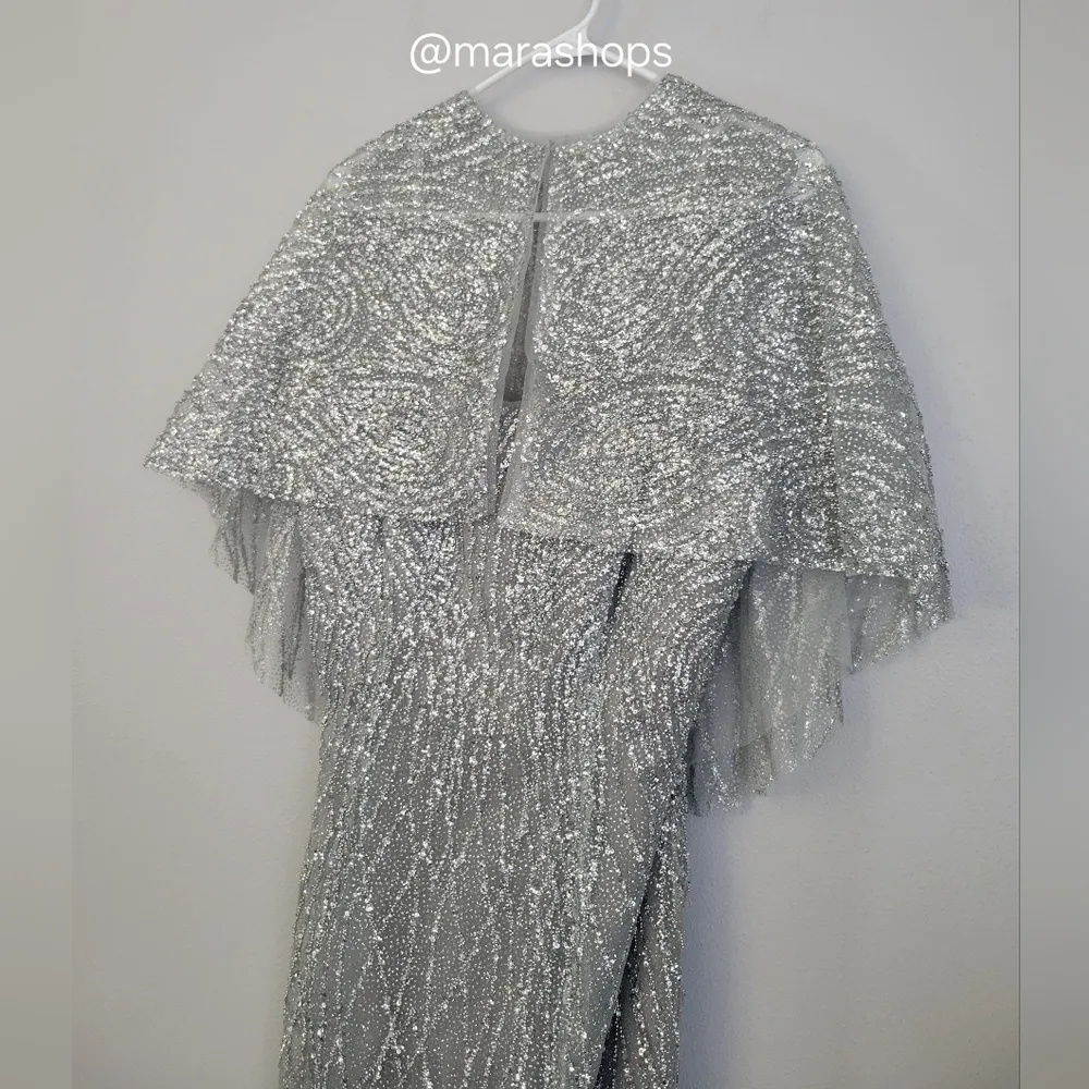 Marchesa Notte Strapless Beaded Glitter Tulle Column Gown Caplet Silver Size 8 - Image 6