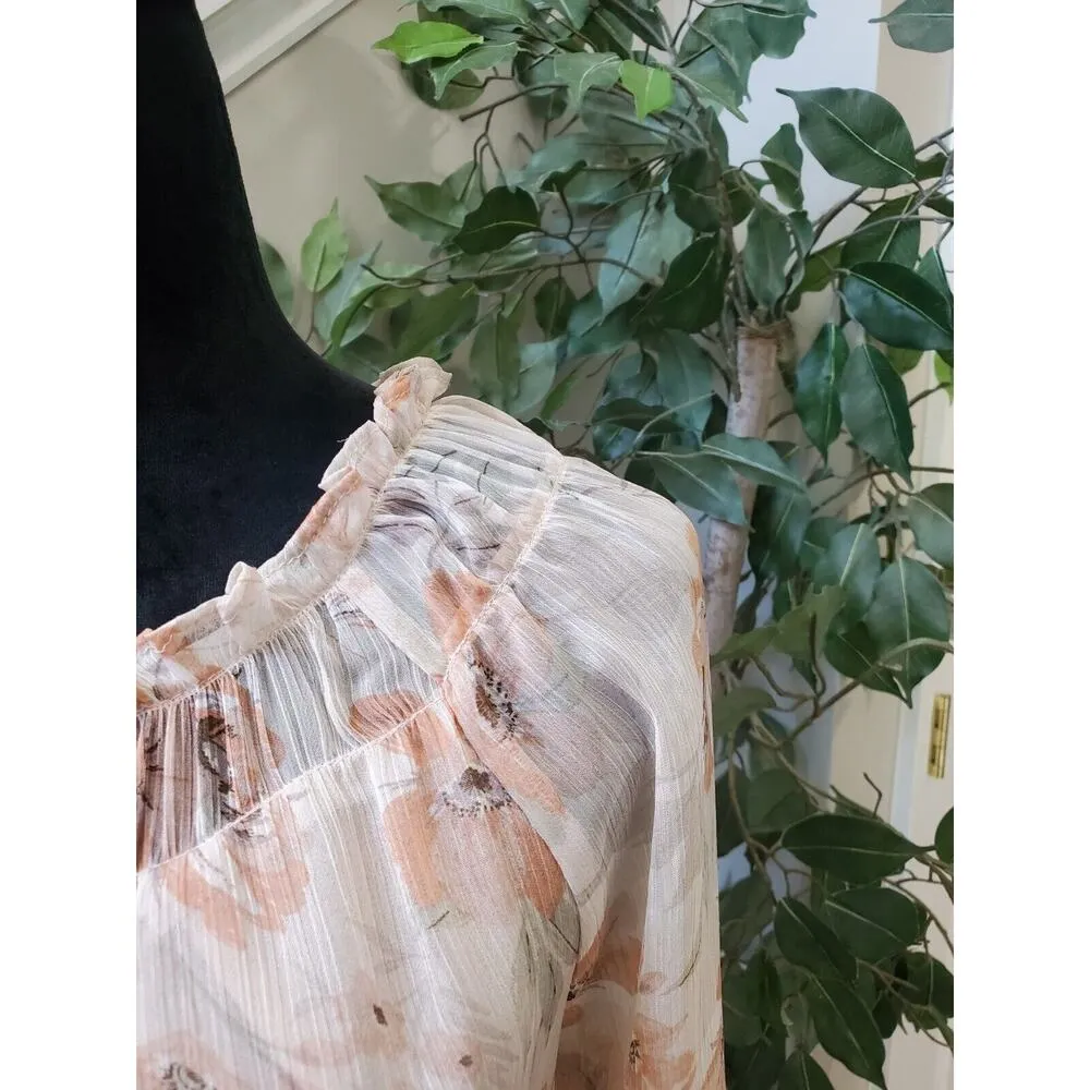Aura Women Beige Floral 100% Polyester Round Neck Long Sleeve Top Blouse Size S - Image 5