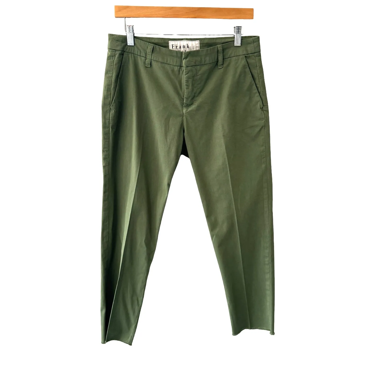 Frank & Eileen Raw Hem Twill Chino Straight Trousers Sage Green Size 6 - Image 5