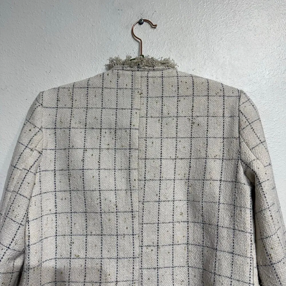 E’tophe Studios White Plaid Fringe Open Front Blazer Sz M Size M - Image 9