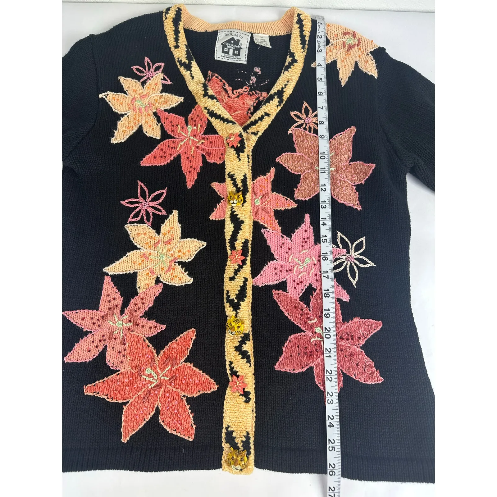 Storybook Knits Tiger Lily Size Medium Cardigan Sweater Cottage Granny Boho Black - Image 14
