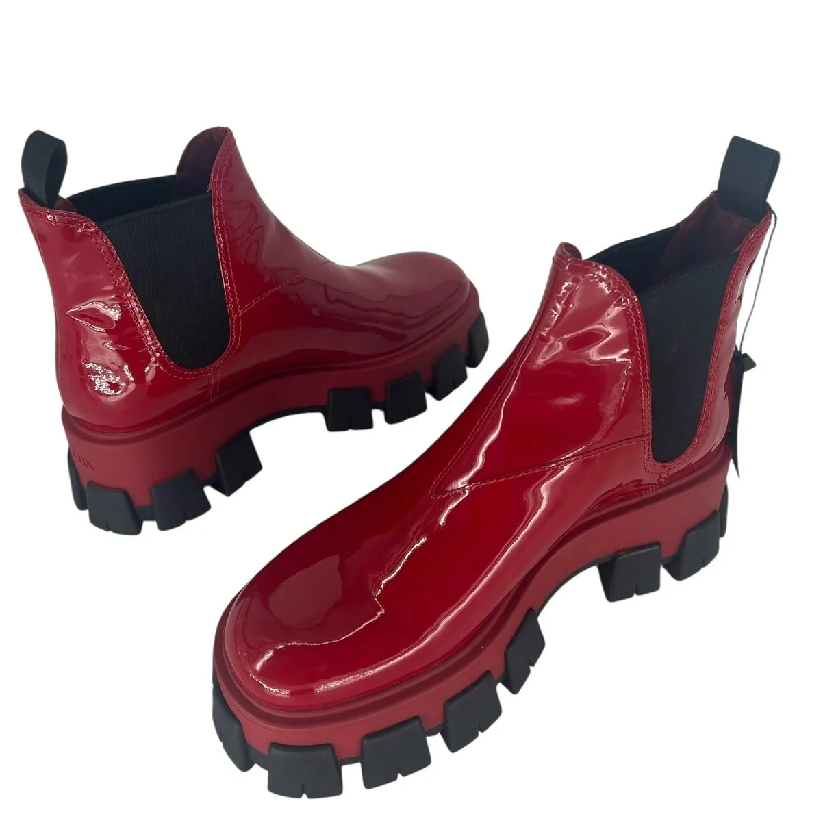 Prada Patent Leather Monolith Booties in Rosso Red - Image 3