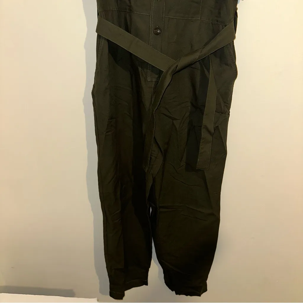 Lucky Brand cargo Forest Green Women's Collared Button up Tie Waist Jumpsuit Med - Image 9