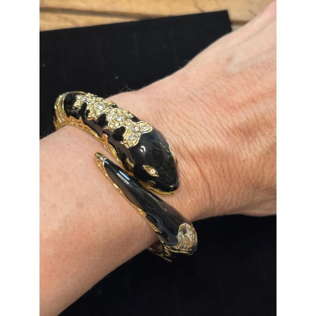 Gold & Black Snake Hinged Bangle Bracelet With Rhinestone Embellishment - Image 5