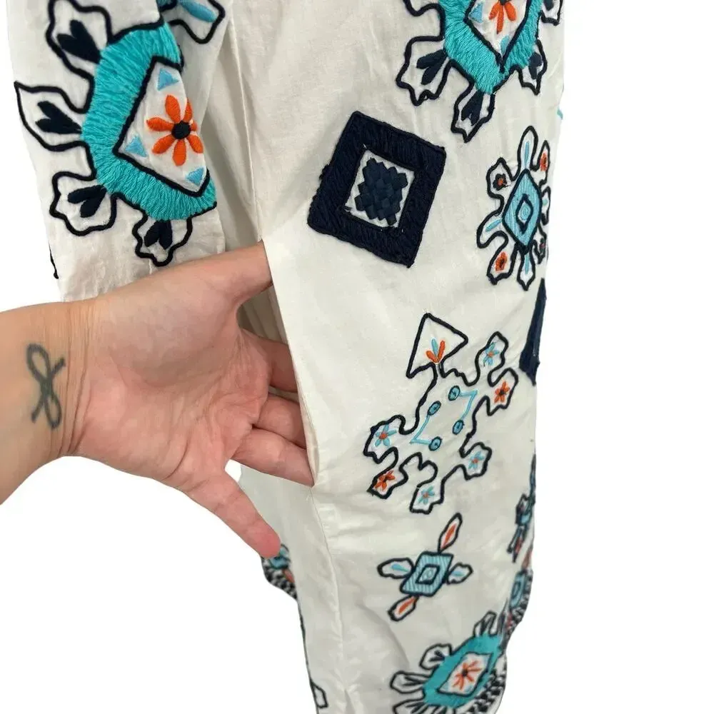 Frances Valentine Capri Tunic Dress‎ Oyster White Blue Embroidery Size XS - Image 5