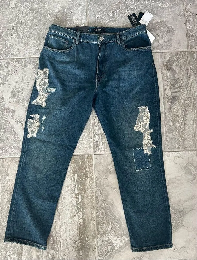 Lauren Ralph Lauren Lace Patchwork Relaxed Tapered Jeans Size 16, New w/Tag $245 - Image 7