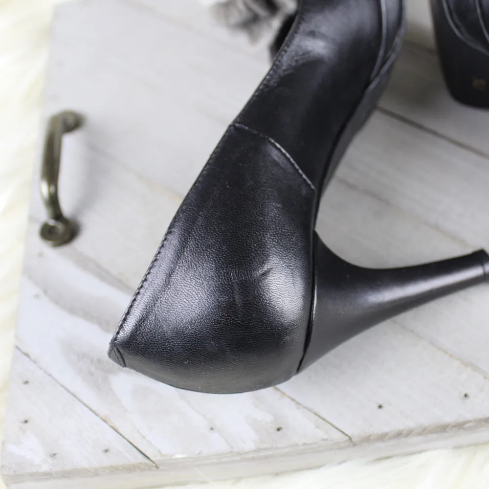 Carisma Leather Platform Pumps Fur Rosette Flower Black Size 7.5 - Image 5