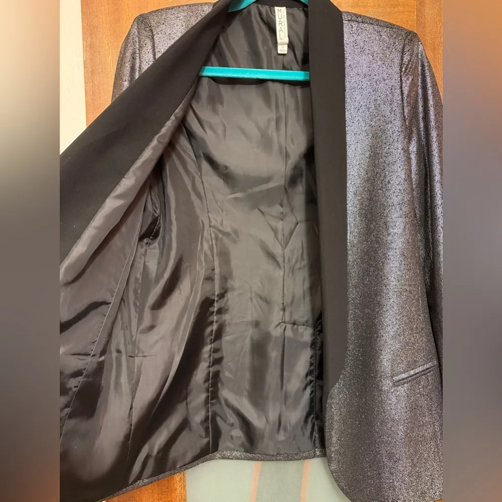 Mural Women Shawl Collar Silver Metallic Tuxedo Blazer Jacket NWOT - Image 3