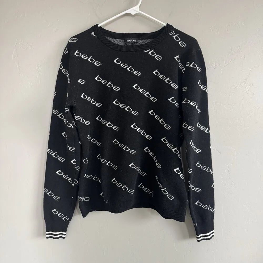Bebe Long Sleeve Crew Neck Pullover Sweater Black White Logo Woman’s XL - Image 7