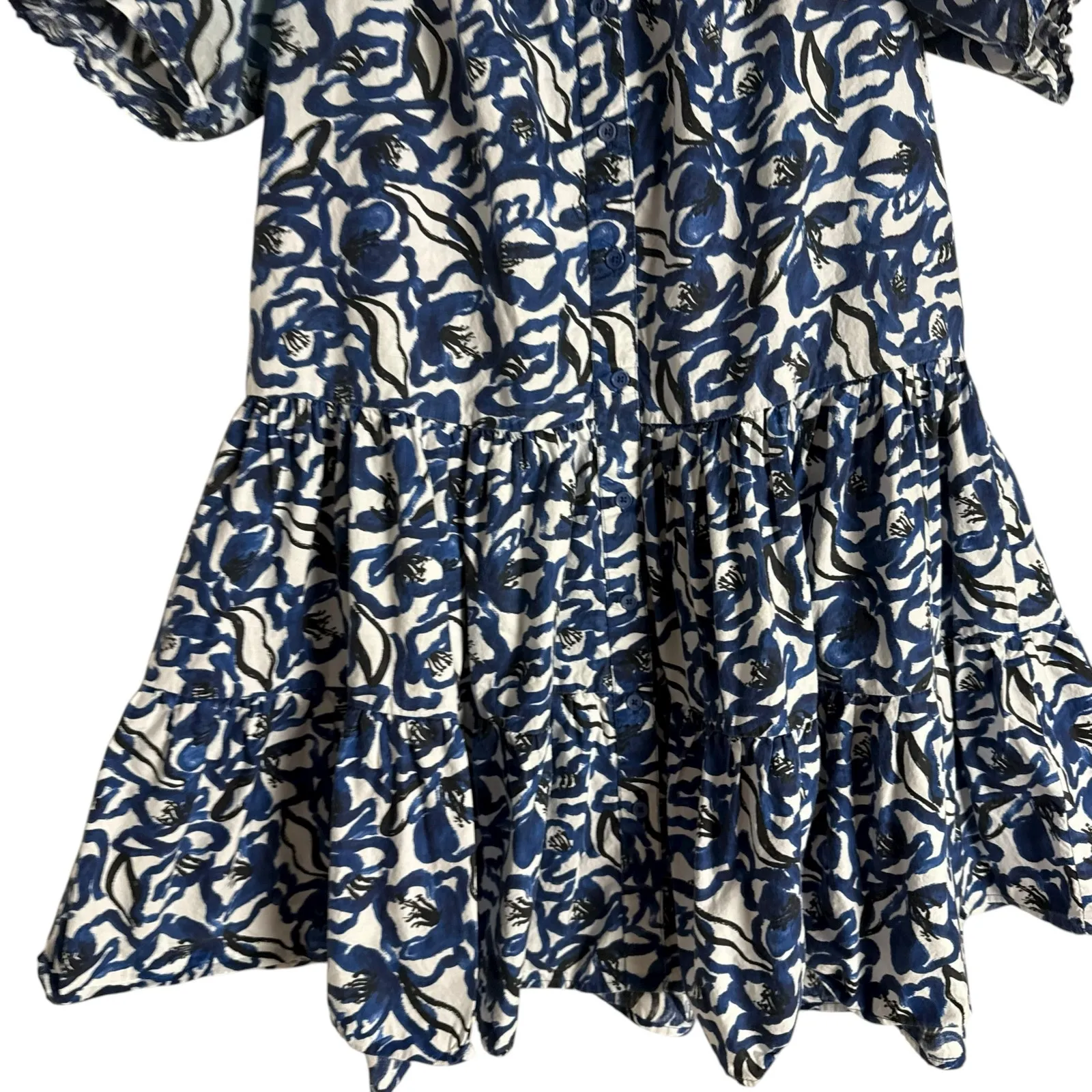 Apiece Apart Las Alturas Blue White Floral Print Puff Sleeve A-Line Mini Dress S - Image 12