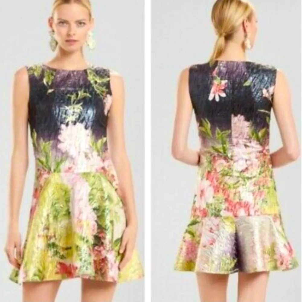 NATORI Birds Of Paradise Jacquard Shimmer Metallic Drop Waist Dress Size 10 NEW - Image 2