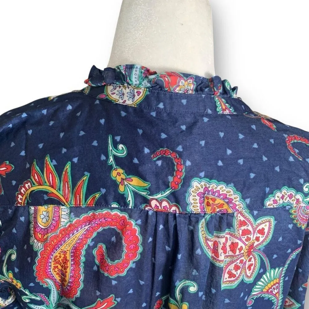 Talbots Navy Paisley Heart Print Ruffled Button-Up Long Sleeve Top Size Medium - Image 6