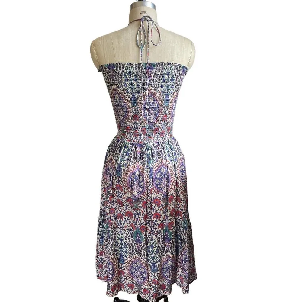 Maria Cher Selva Silver & Blue Floral Print Midi Dress Smocked Halter Small - Image 5