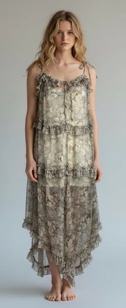 Choosy Ethereal Dainty Tiered Asymmetrical Ruffle Midi Dress Muted Floral Size 4 Gray - Image 1