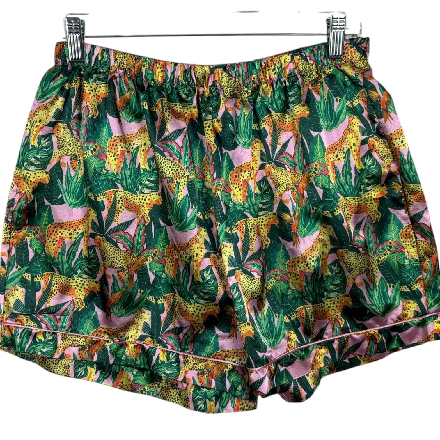 PrettyLittleThing Jungle Satin Pajama Set Button Top Shorts Leopard Print Sz 10 - Image 6