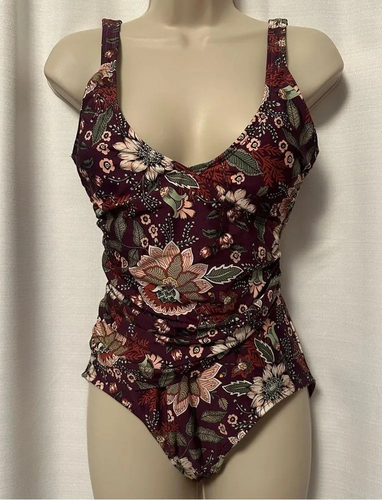 Anne Cole Size 10 20M0033 Wine Floral Print Boho Flattering One Piece Swimsuit - Image 5