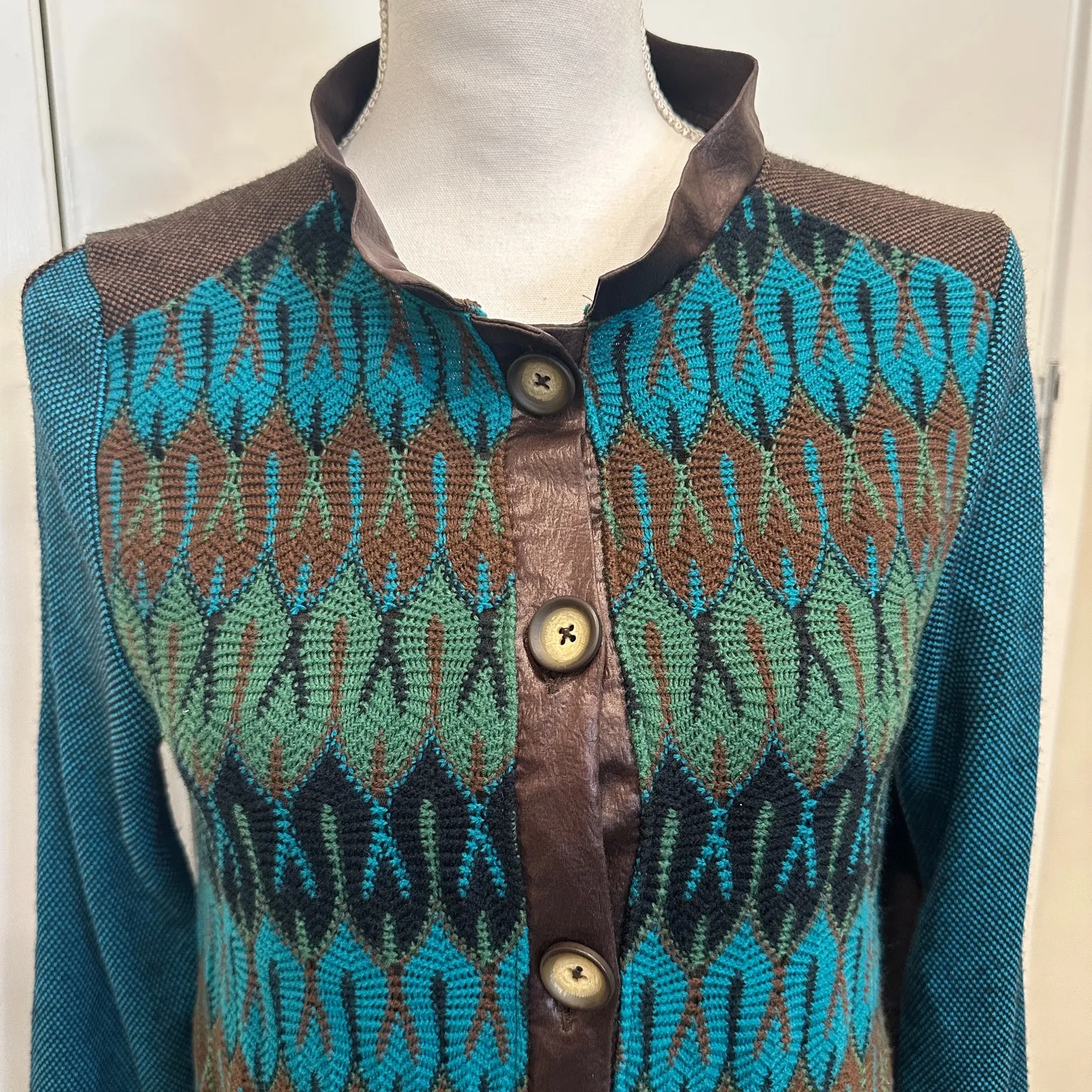 ANAC by Kimi Teal Brown Knit Long Art to Wear Cardigan Avant Garde Boho Medium Blue - Image 4