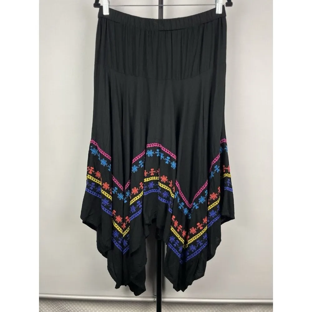 Azel Hazel Black Colorful Embroidered Handkerchief Hem‎ Elastic Waist Skirt Sz L Size L - Image 6