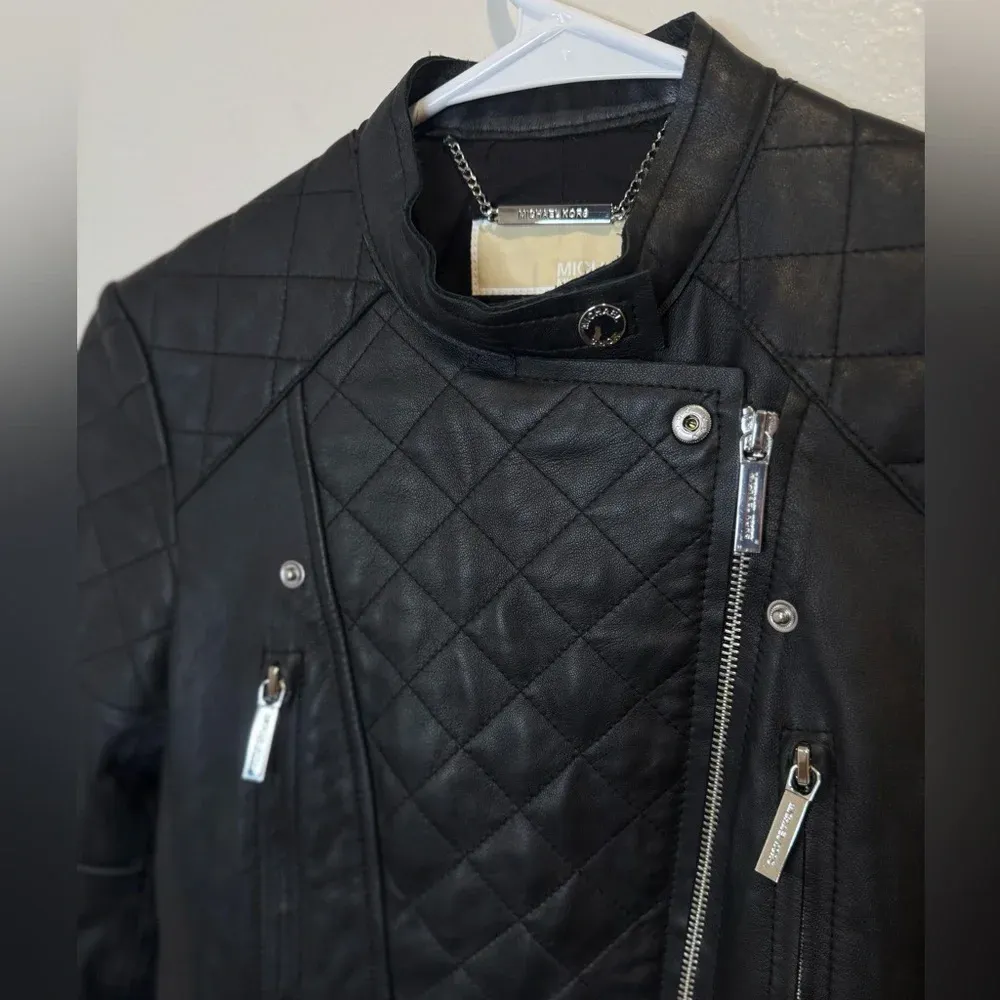 MICHAEL Michael Kors 100% Leather Moto Black‎ Jacket Size XXS Black - Image 4