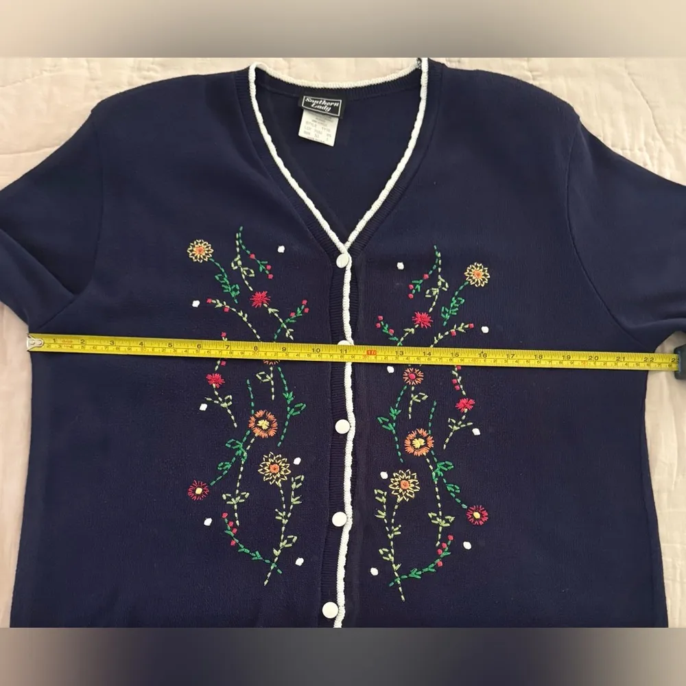 Vintage Southern Lady Cardigan XL Blue Fairygoth Embroidered Short Sleeve - Image 5