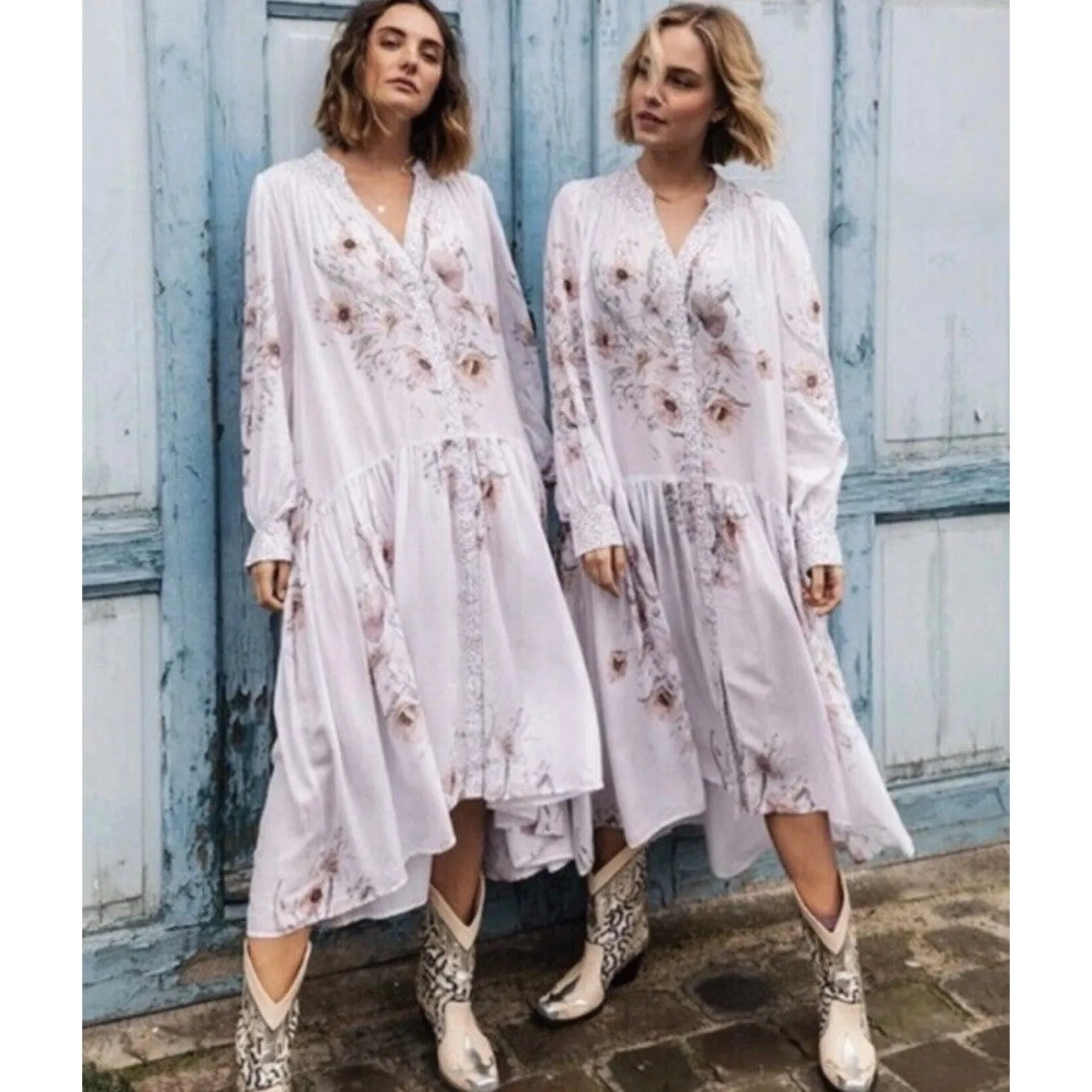 H&M Floral Boho‎ Midi Dress White Pink Long Sleeve Lyocell Viscose Size 4 NWT - Image 3