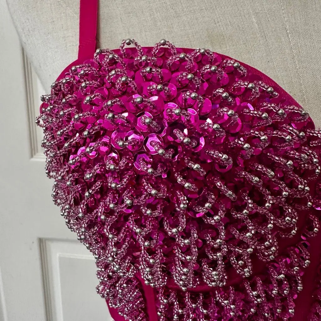 Hot Pink Sequin Beaded Bustier Crop Top Medium 38C - Image 2