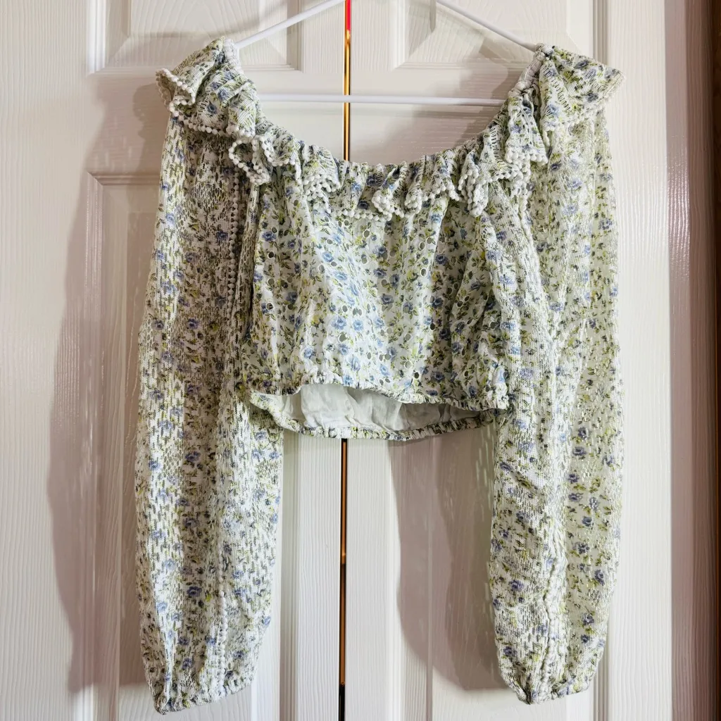 LOVE SHACK FANCY Womens Top S Green Floral Pullover Lace Ruffle Crop DORABELLA - Image 4