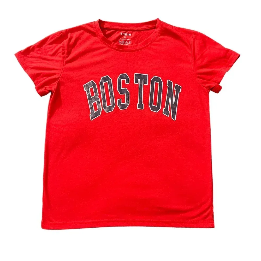 Shein Red Boston Print Short Sleeve Crewneck T-Shirt Women's Size Medium‎ - Image 2