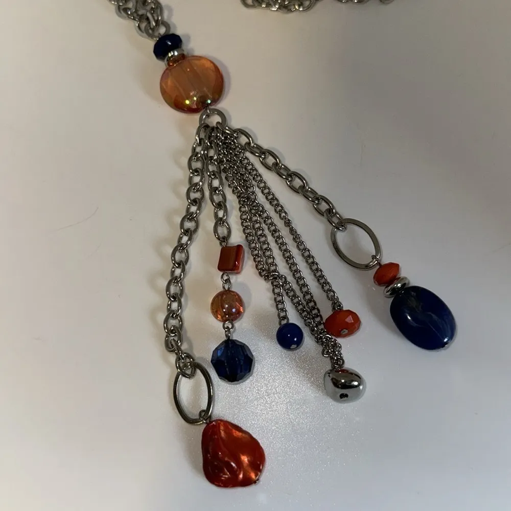 Kim Rogers Long Station Necklace w Tassel Silver Tone Orange & Blue Beads - Image 3