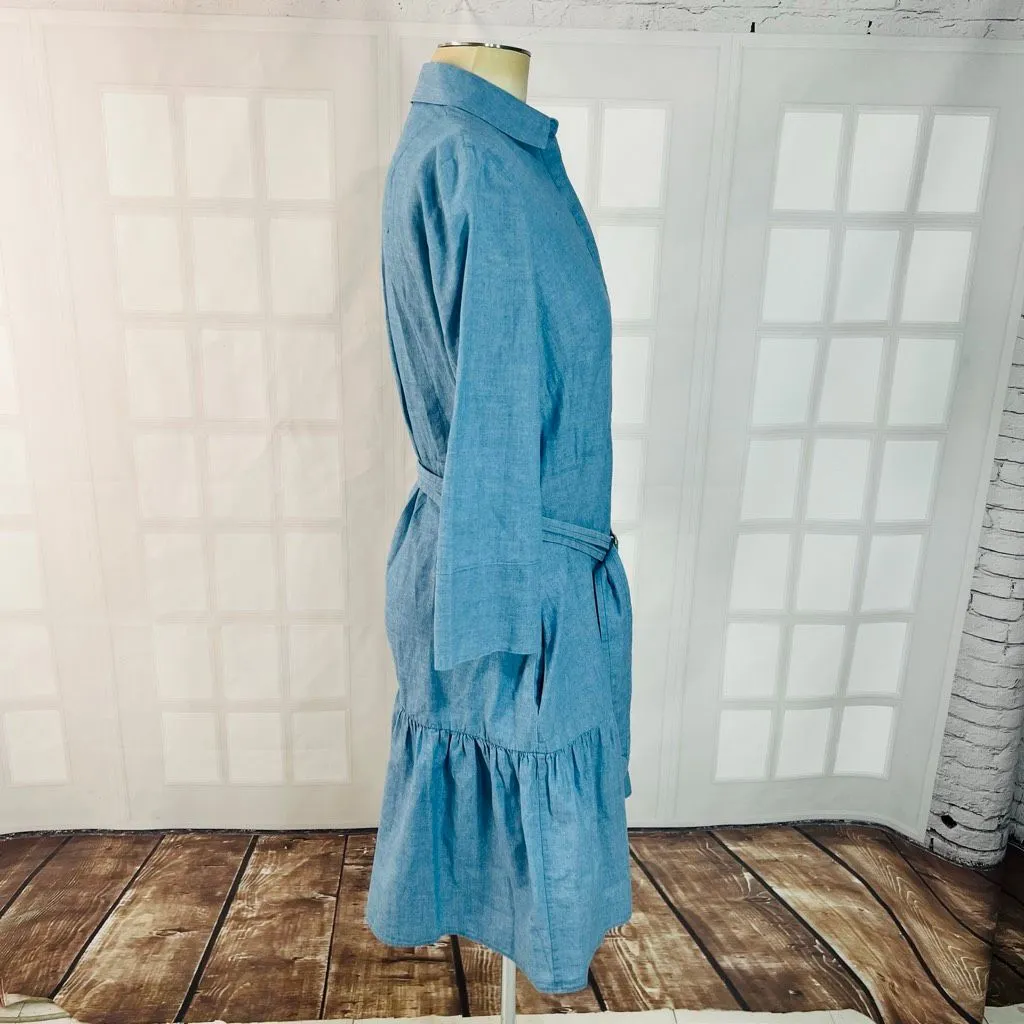 Akris Punto Blue Chambray Belted Collared 3/4 Sleeve Cotton Shirt Dress Size 8 - Image 7