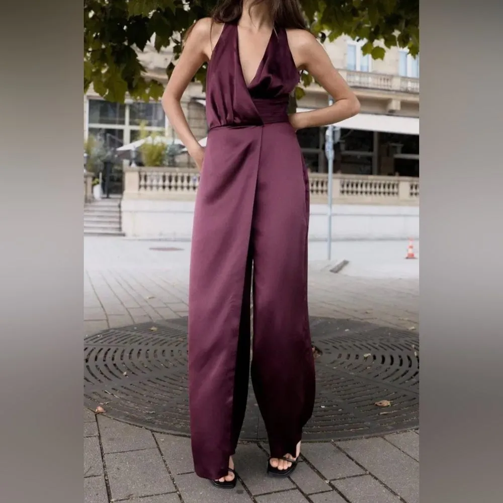 NWT Ruched Satin Effect Halter Jumpsuit Size M - Image 6