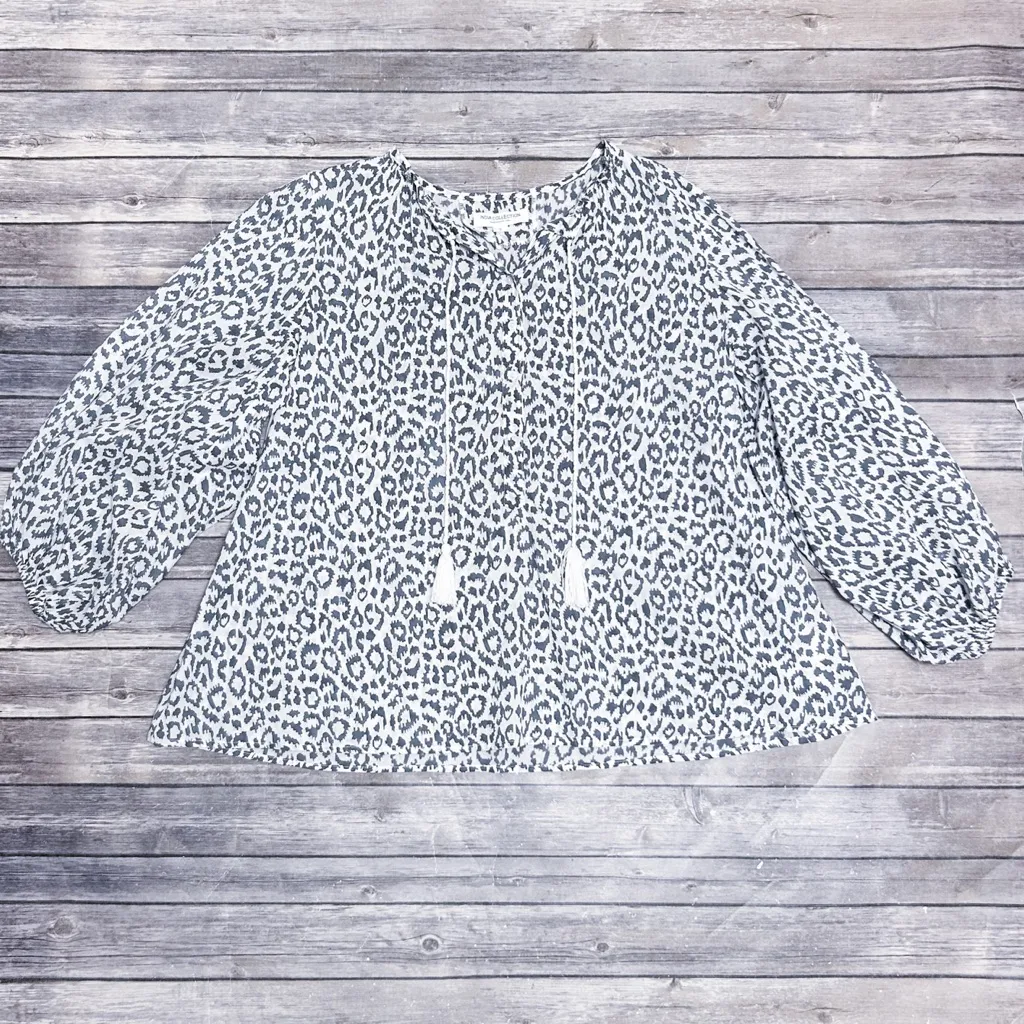 India Collection Emerson Fry White Charcoal Grey Animal Print Bardot Puff Sleeve - Image 5