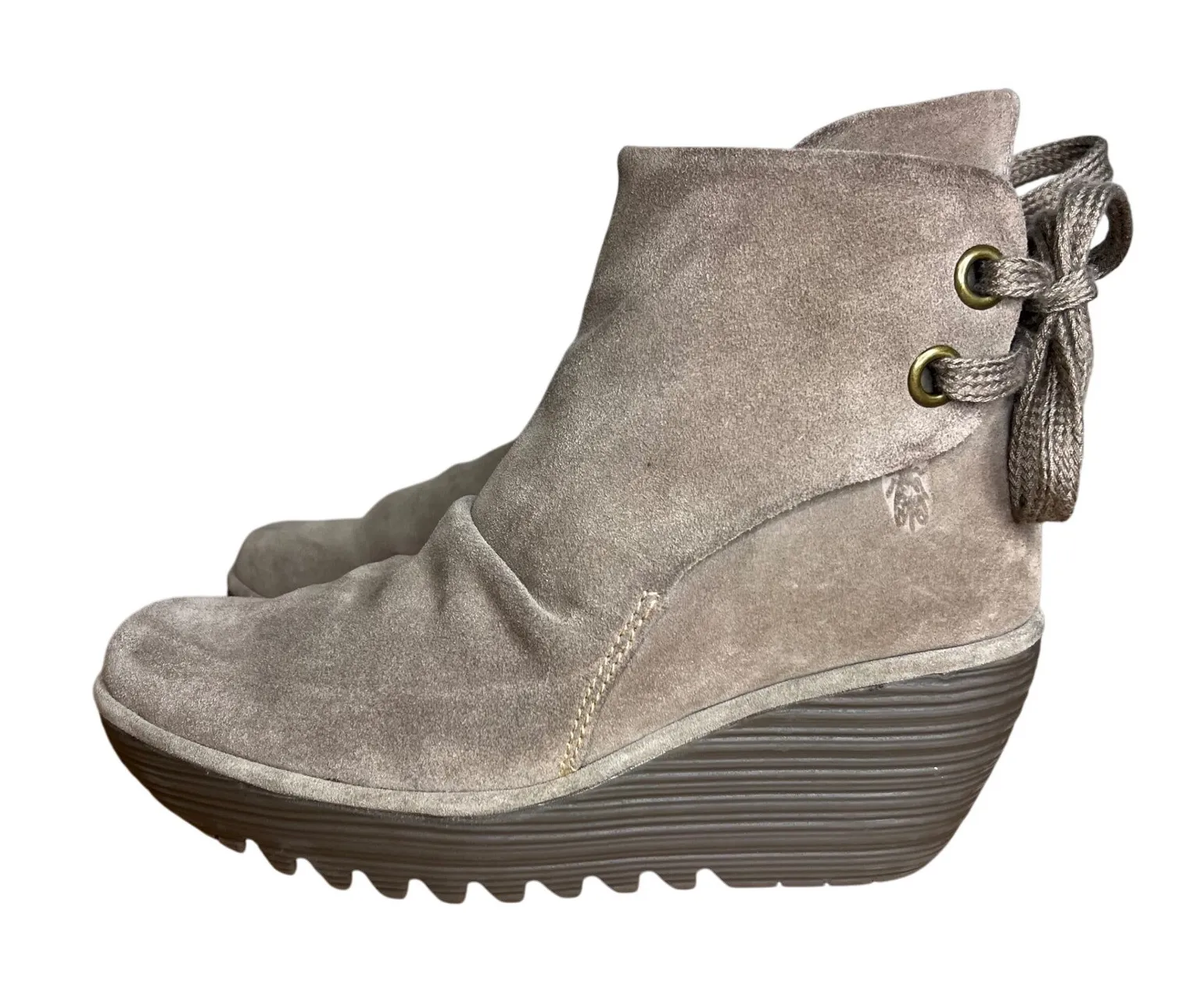 FLY LONDON YEBI Ankle Wedge Heel Booties Size 39 (8 - 8.5 US) Tan Suede Back Tie - Image 1
