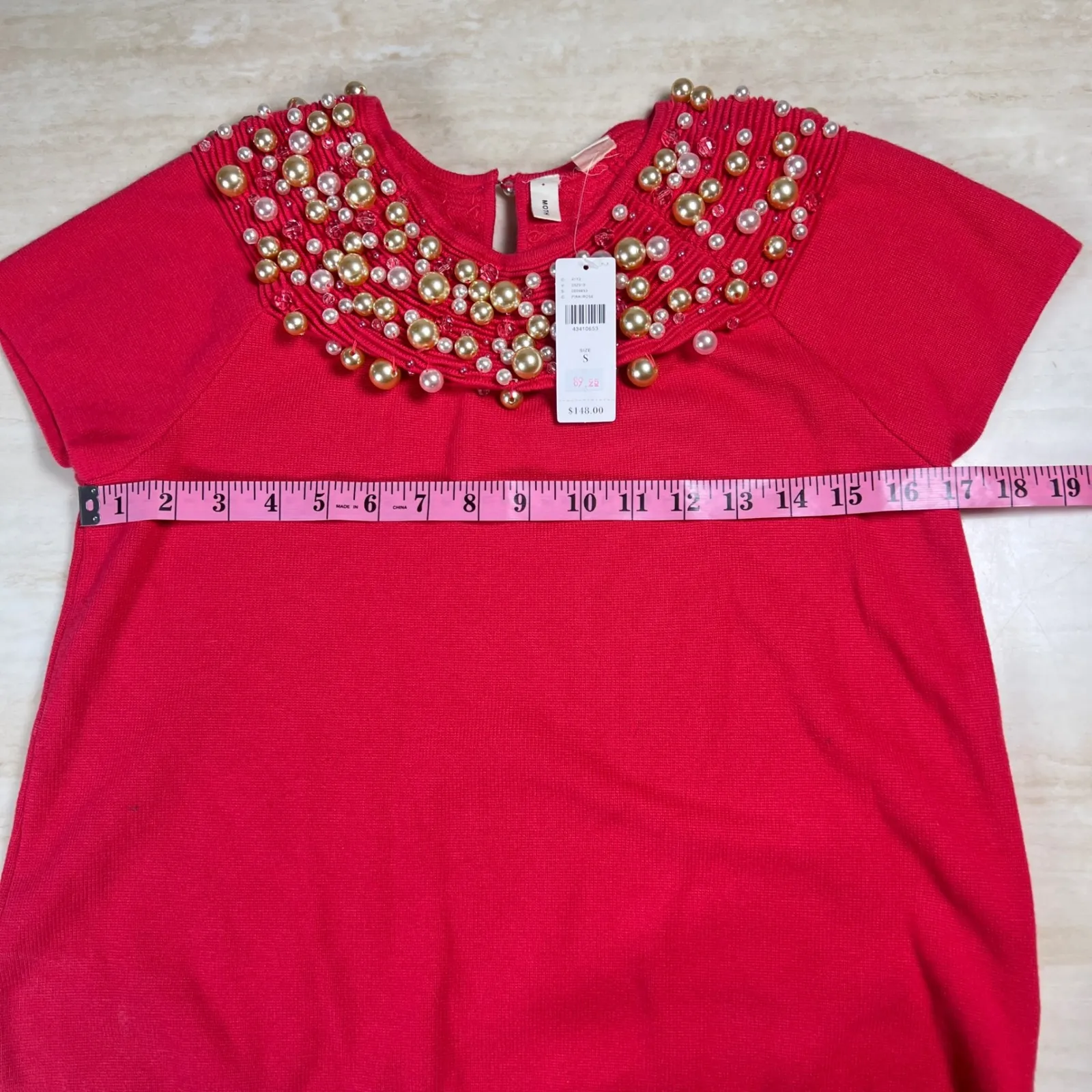 Anthropologie Moth Embellished Beaded Neckline Short Sleeve Top Coral Pink Small - Image 9