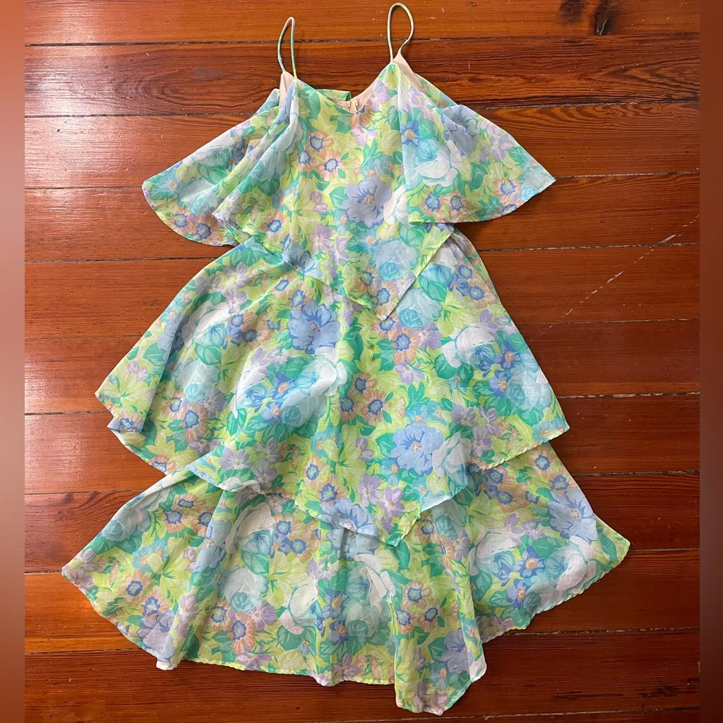 Vintage 70s Vicky Vaughn Pastel Floral Handkerchief Hem Dress Fairycore Sz S💛 Green - Image 13