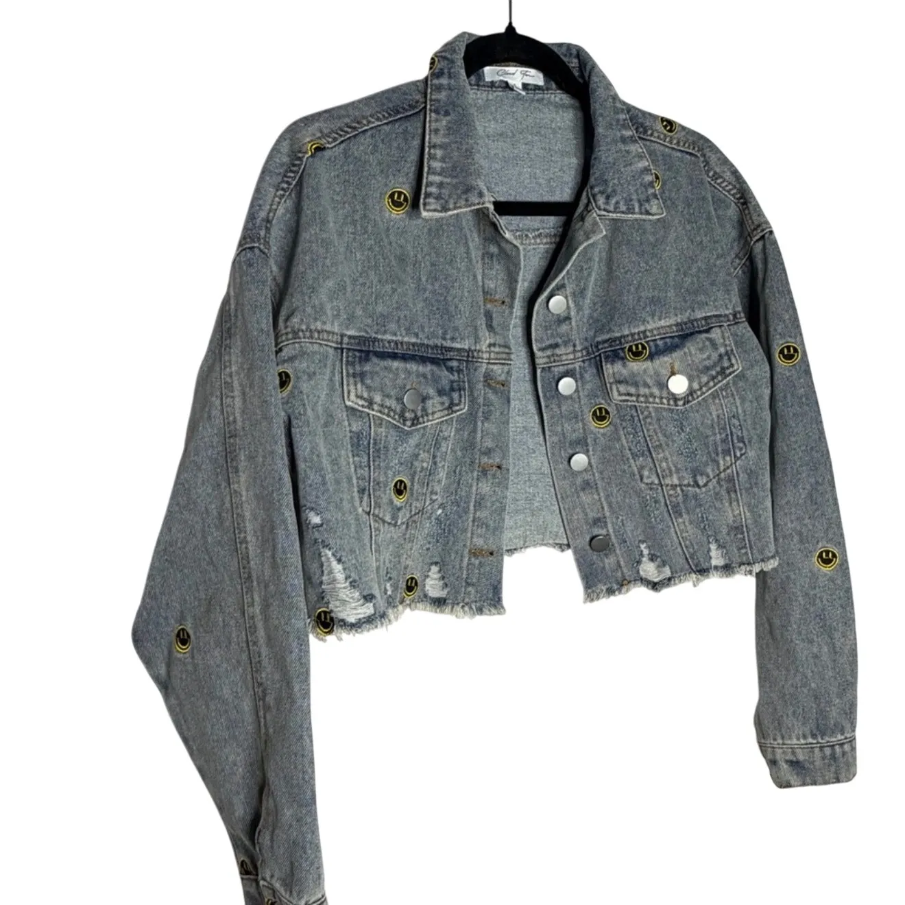 Cloud Ten Women's Size M Smiley Face Patch Cropped Denim Jean Jacket Grunge - Image 5