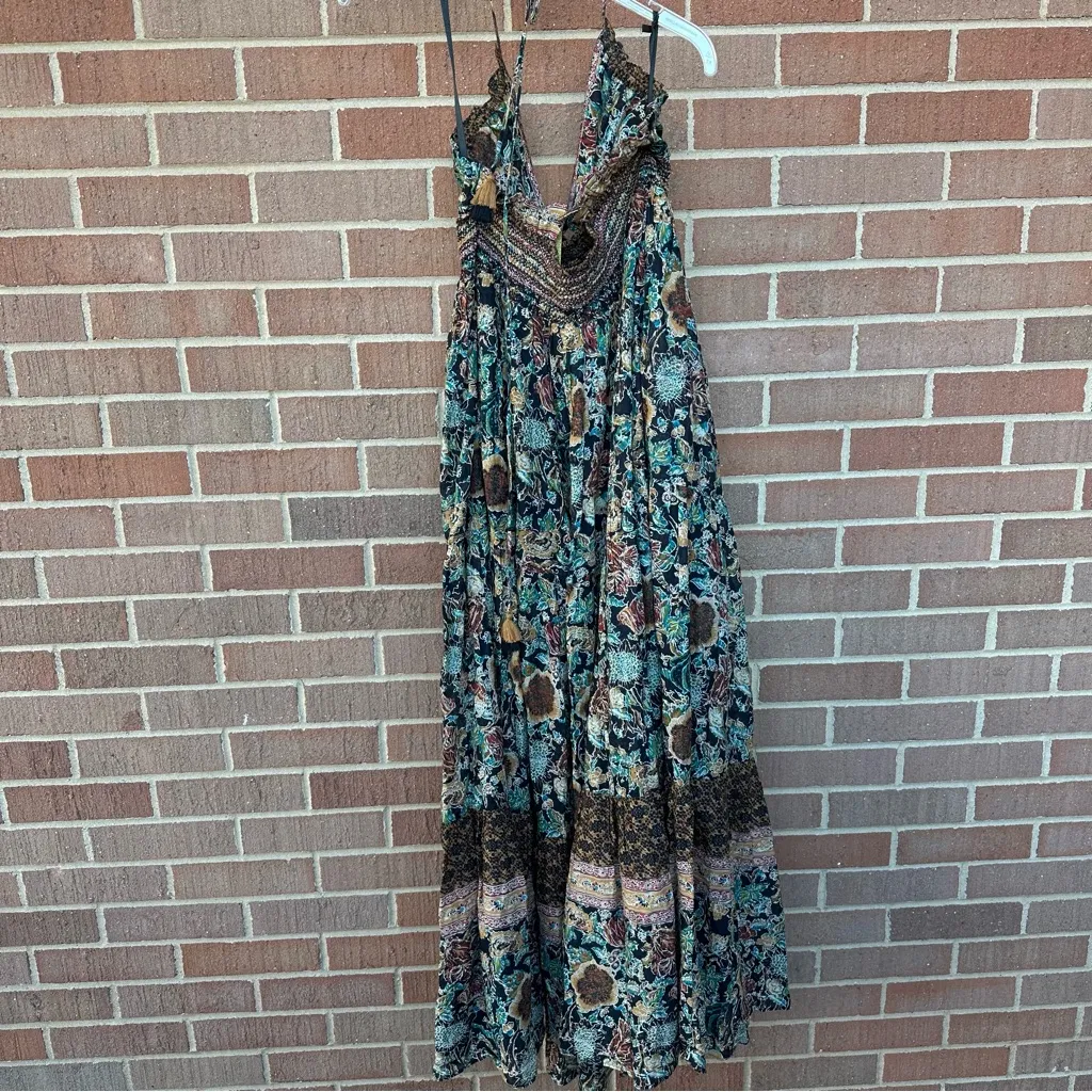 Free People Real Love Maxi Dress Floral Printed Smocked V Neck Open Back XL - Image 9