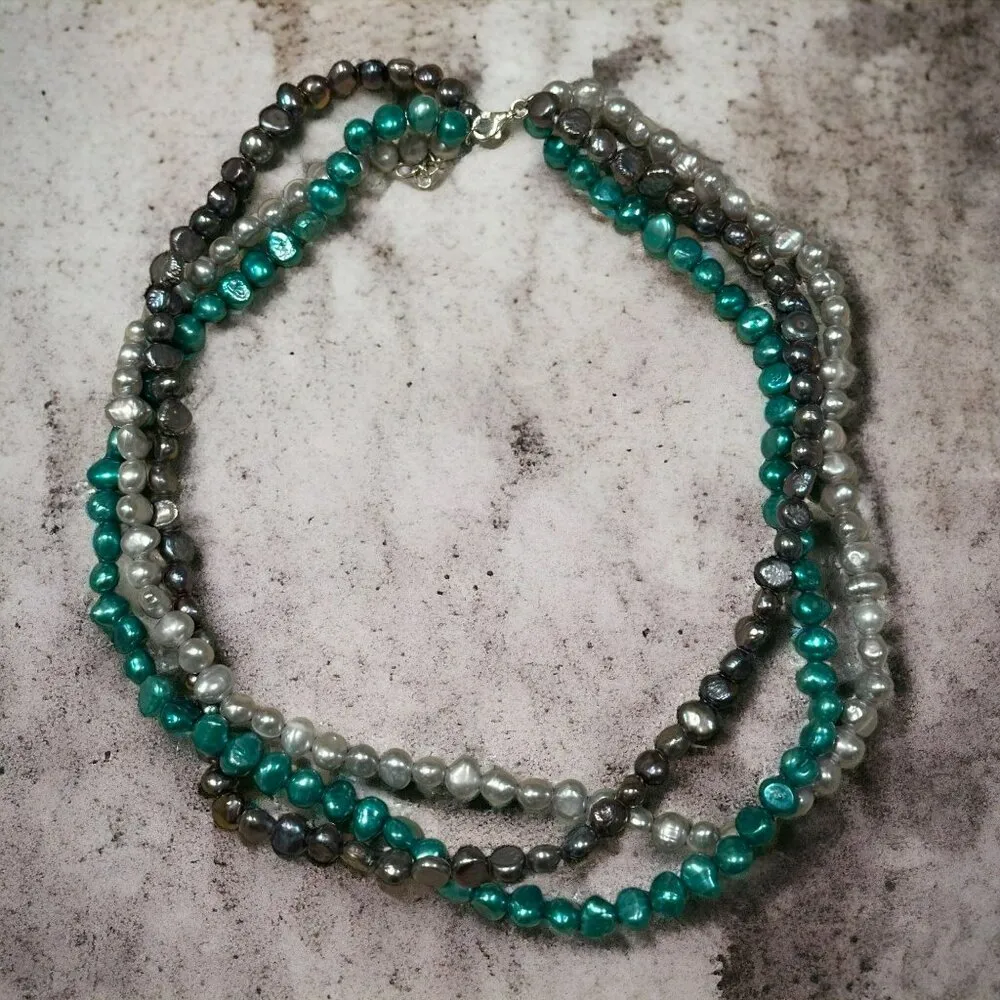 Freshwater 3 Strand Cultured Pearl 16" Choker Necklace w/ Silver Earrings - Image 2