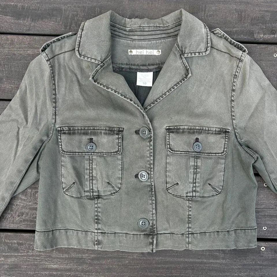 Army Green Hei Hei Anthropologie Cropped Denim Jacket Military Jacket - Image 2