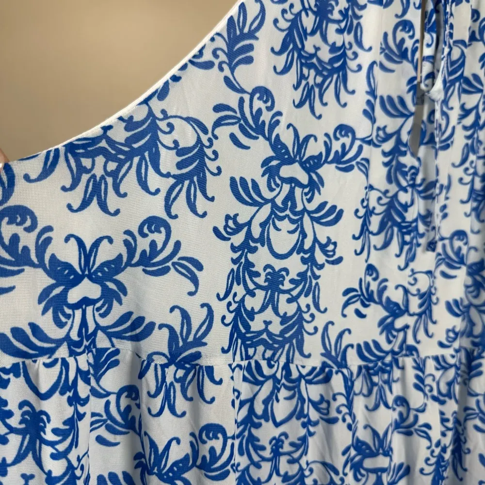 Cottagecore Blue White Damask Print Ruffle Hem Large Pullover Lined Boho Tank - Image 3