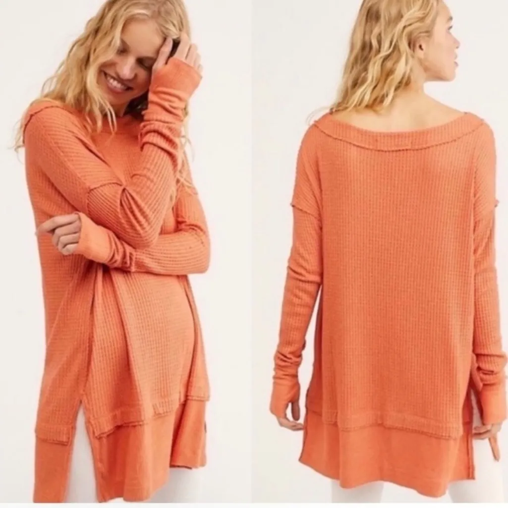 Free People Large North Shore Tunic Waffle Knit Orange Coastal Lounge Relaxed - Image 2