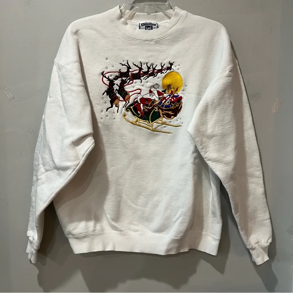 Vintage Lee Heavyweight Crewneck Santa Reindeer Christmas Sleigh Medium white - Image 2