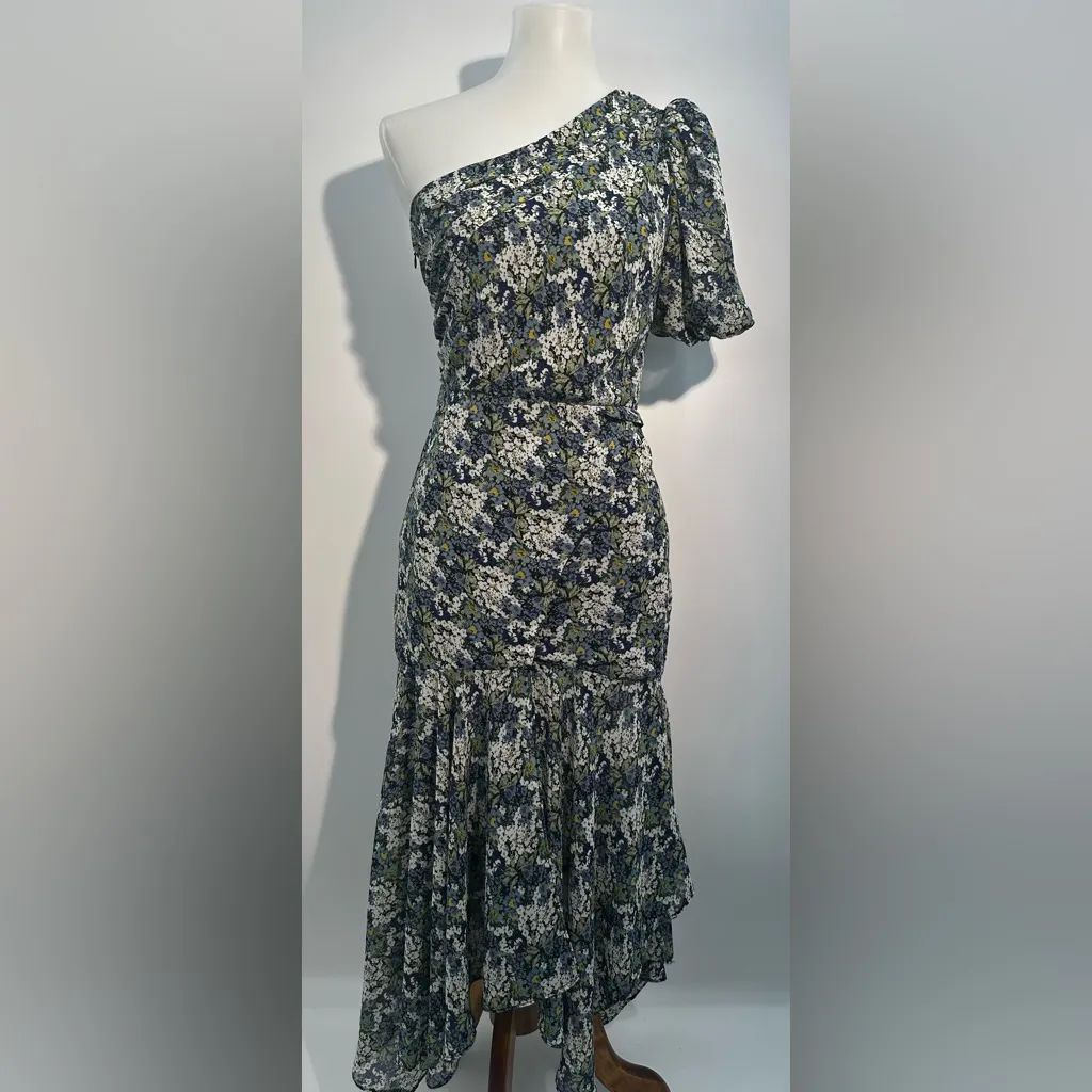 ASTR The Label Santorini XS One Shoulder Floral Midi Dress Blue Green Puff - Image 8