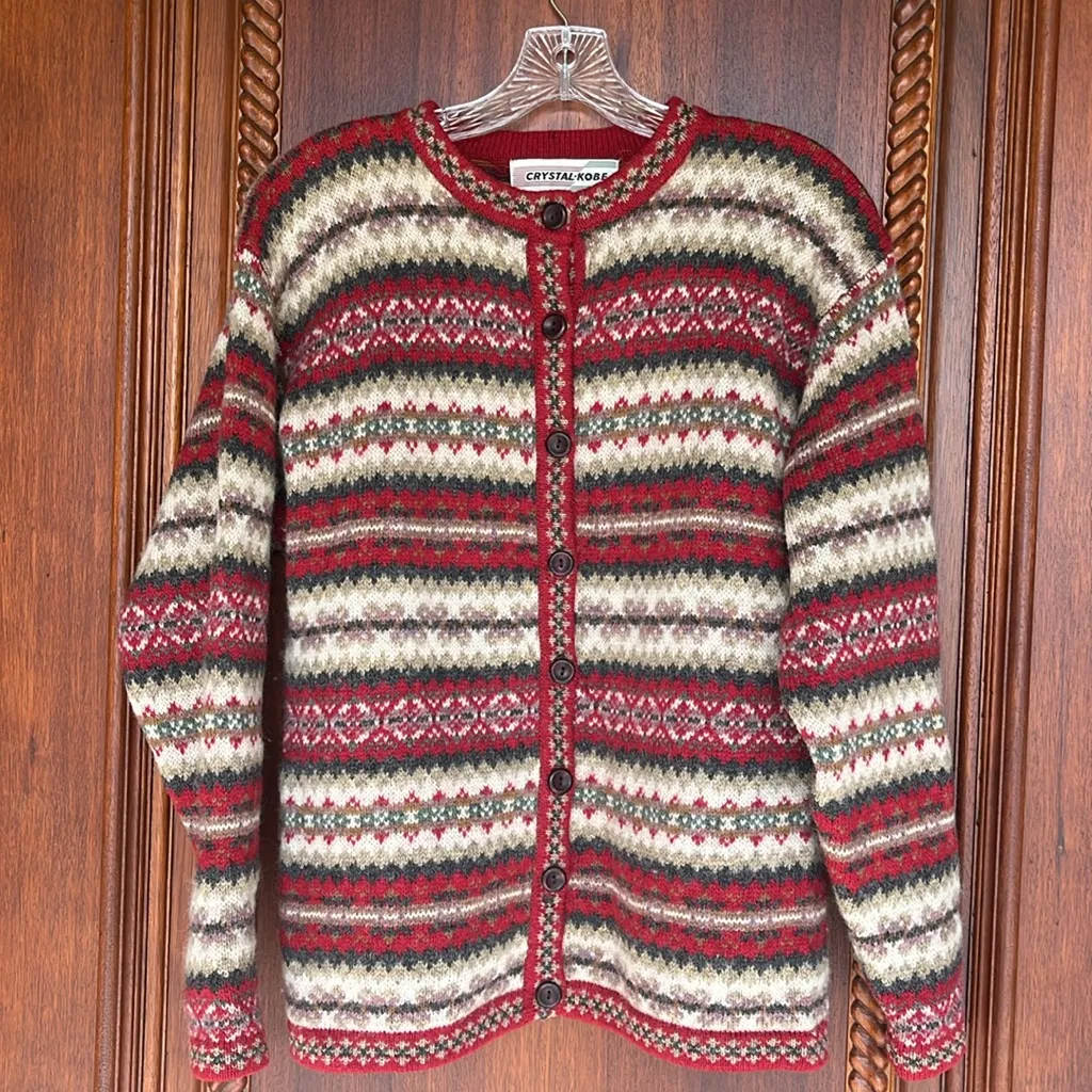 Vintage Crystal Kobe Shetland Wool Sweater Nordic Red Fair Isle Womens Small - Image 15