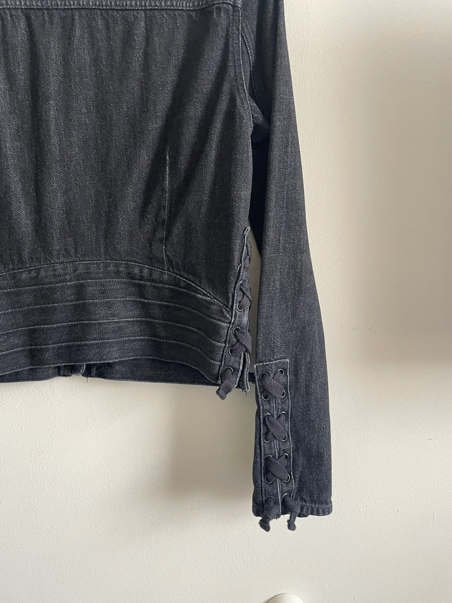For Good Denim Jacket Washed Black Lace Up Moto Details Size Small - Image 6